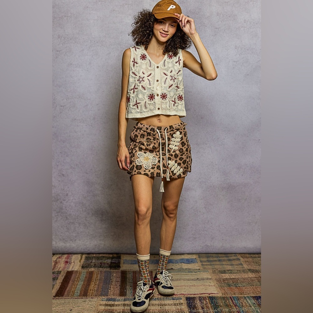 POL " Leopard Cutie " Cotton Mini Skirt With Cargo Pockets + Patchwork Sand S - Picture 4 of 7
